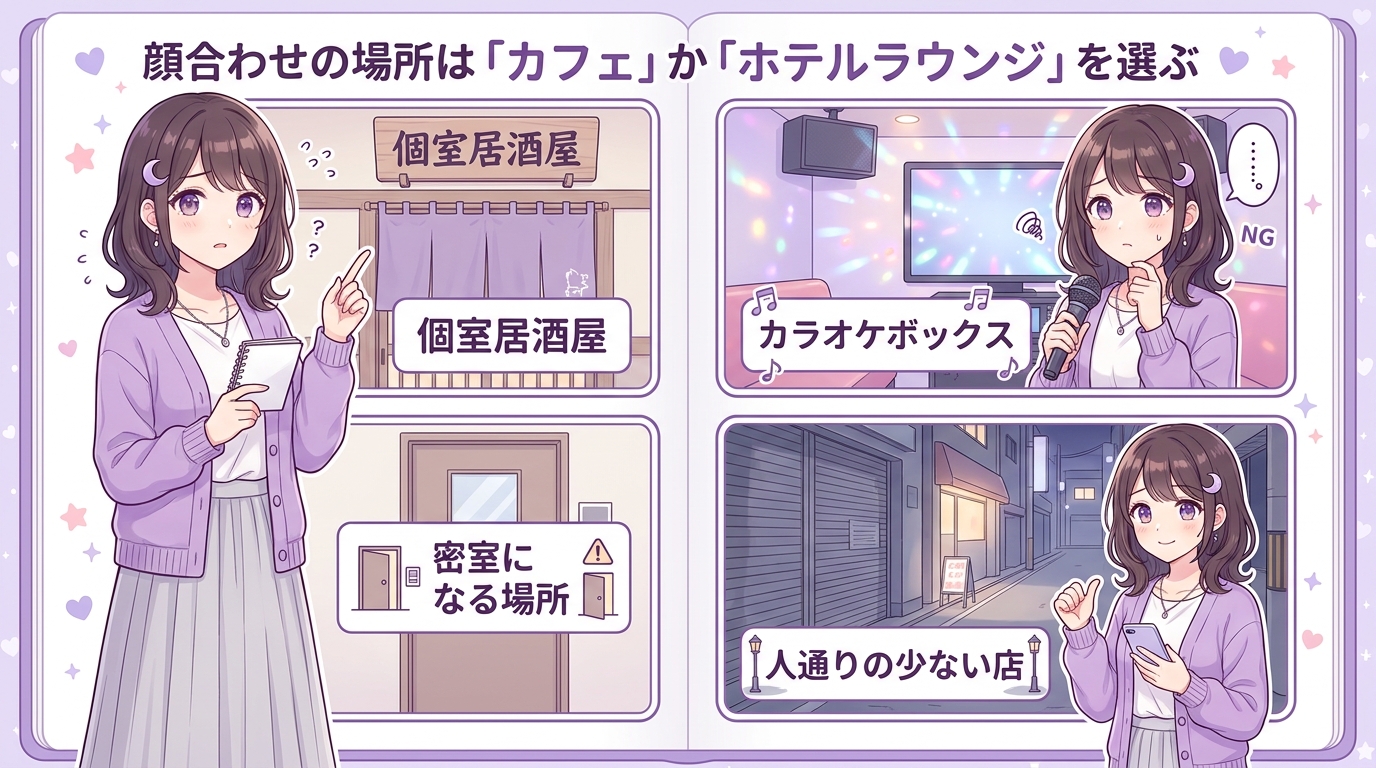 顔合わせの場所は「カフェ」か「ホテルラウンジ」を選ぶ